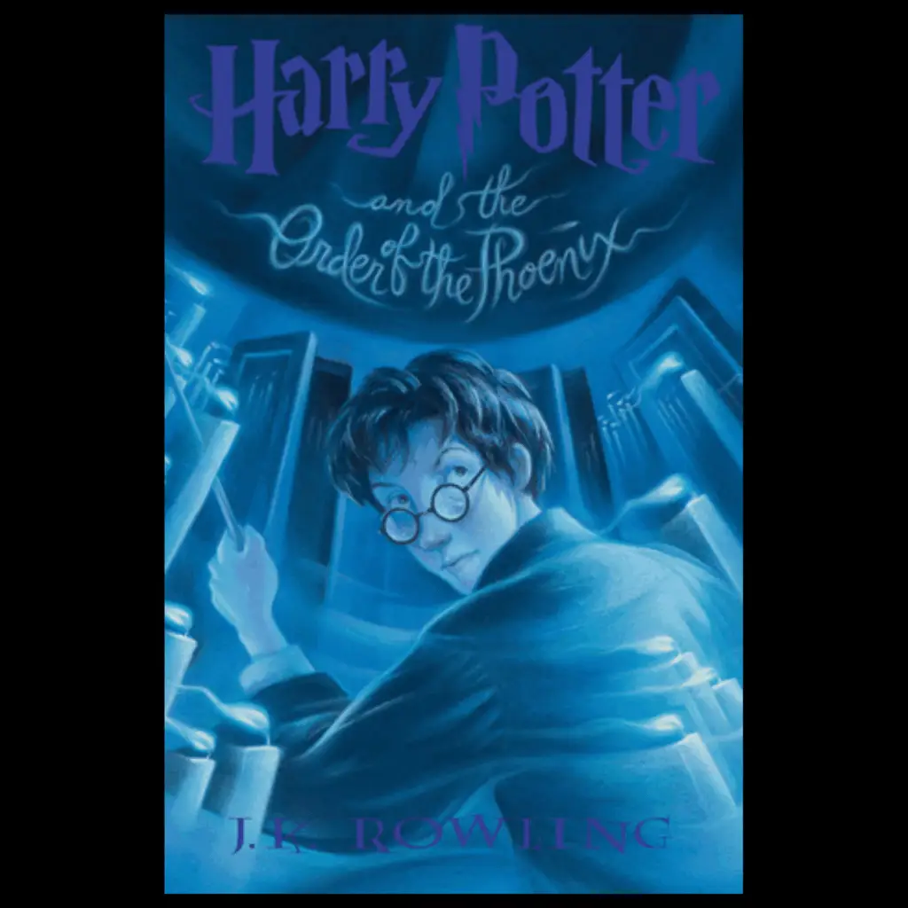 The cover of J. K. Rowling's Harry Potter and the Order of the Phoenix shows Harry Potter, wand out, in a high-ceilinged room with a fancy chandelier and many portraits.