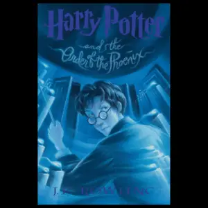 The cover of J. K. Rowling's Harry Potter and the Order of the Phoenix shows Harry Potter, wand out, in a high-ceilinged room with a fancy chandelier and many portraits.