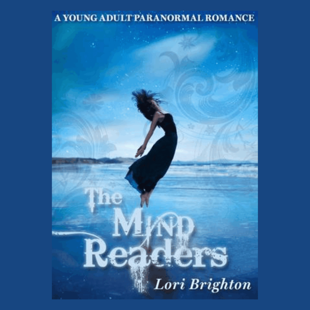 The cover of Lori Brighton's The Mind Reader shows a young woman balancing on a rock with water all about her.