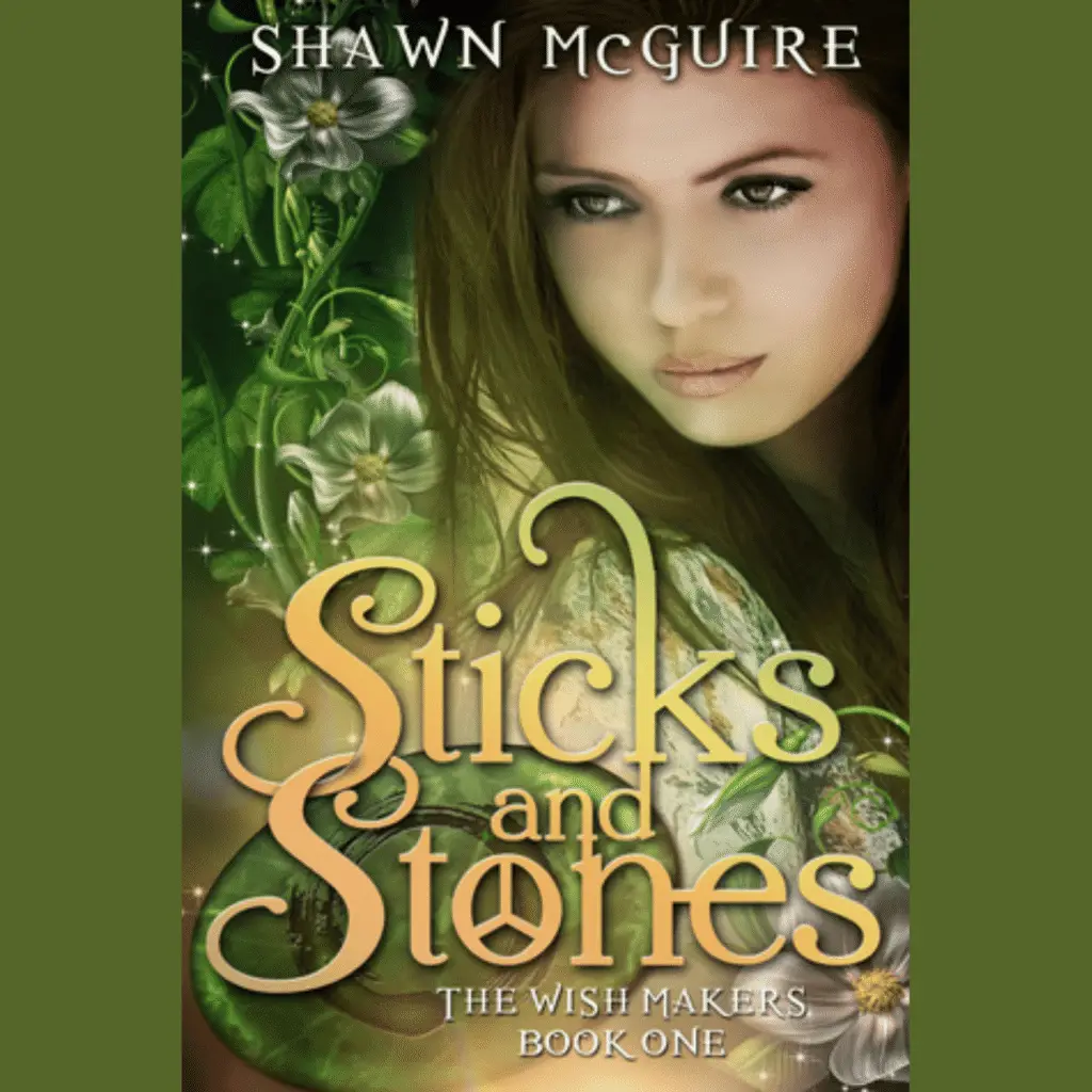 The cover of Sticks and Stones by Shawn McGuire features a young woman looking over greenery and a light-filled object that might be a crystal ball