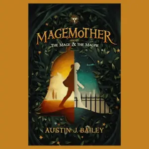 The cover of Austin J. Bailey's The Mage and the Magpie features a girl crossing from a desert scene in reds and oranges to a more blue scene with a wrought-iron fence.