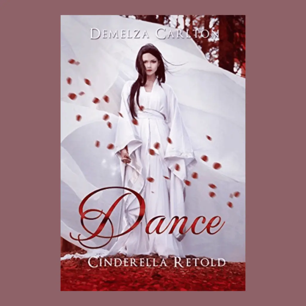 The cover of Demelza Carlton's Dance features a young woman in a white robe with rose petals blowing around her and littering the ground at her feet.