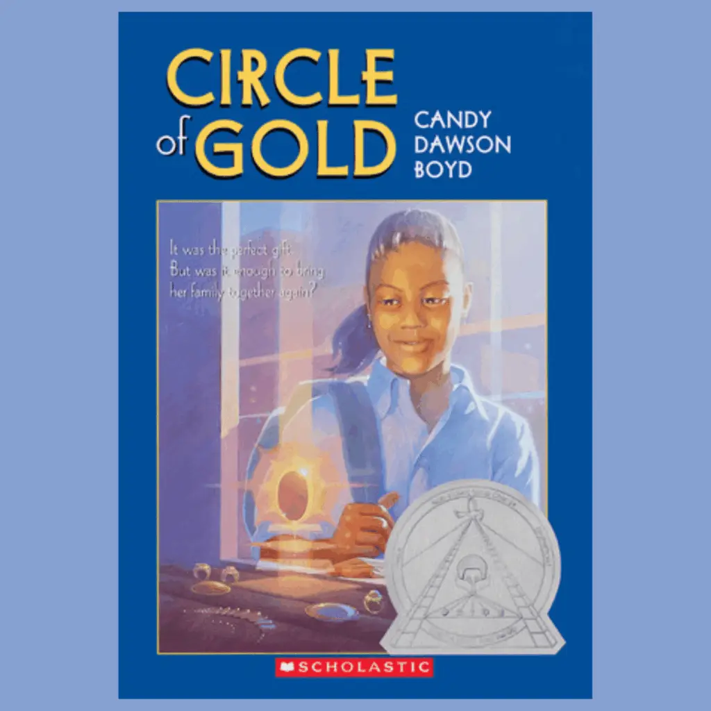 The cover of Candy Dawson Boyd's Circle of Gold features a girl in a button down shirt with a backpack over one shoulder staring at a gold ring that seems suspended in the air in front of her