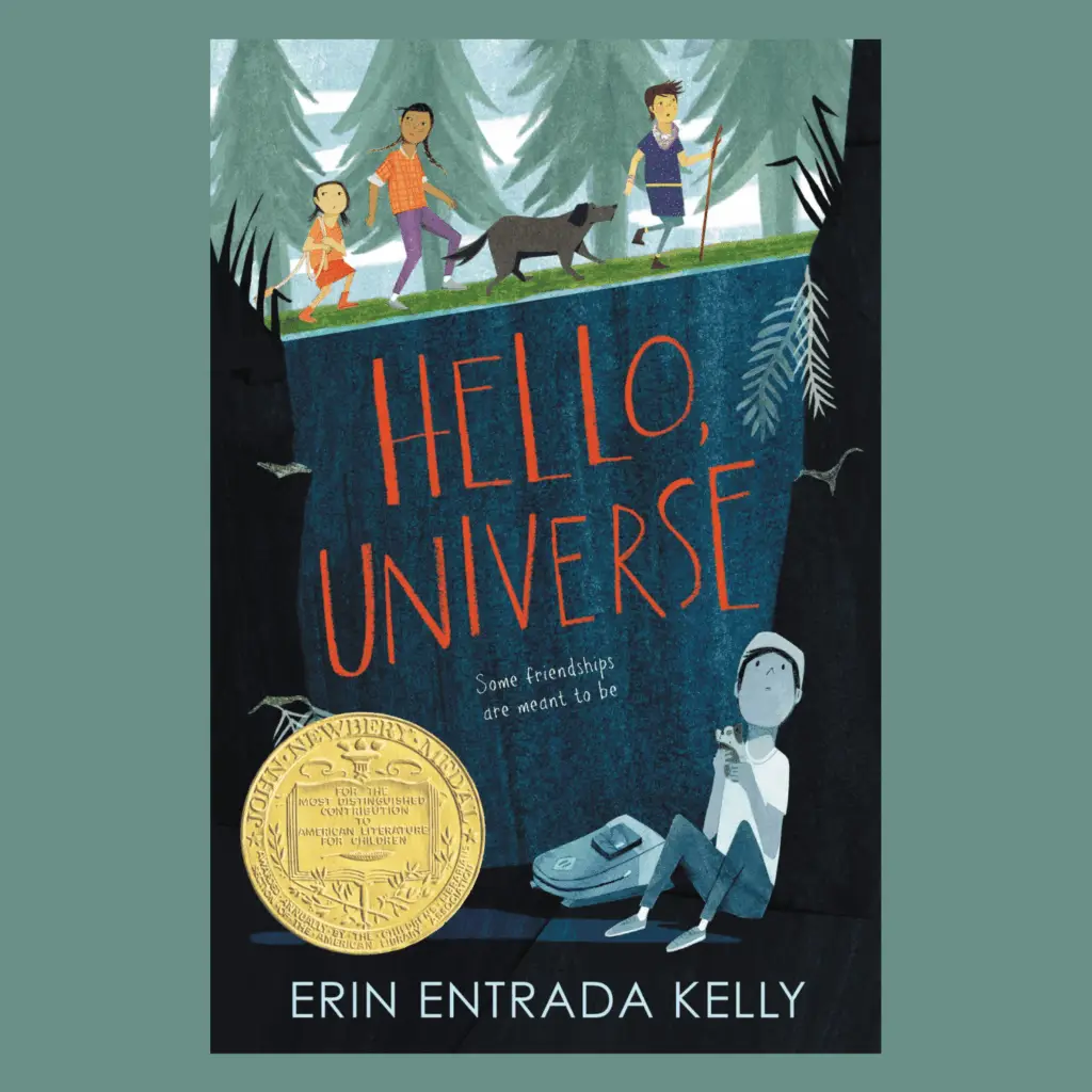 The cover of Hello, Universe by Erin Entrada Kelly features kids and a dog hiking through a forest, with one kid and his backpack alone at the base of a tree below the title.