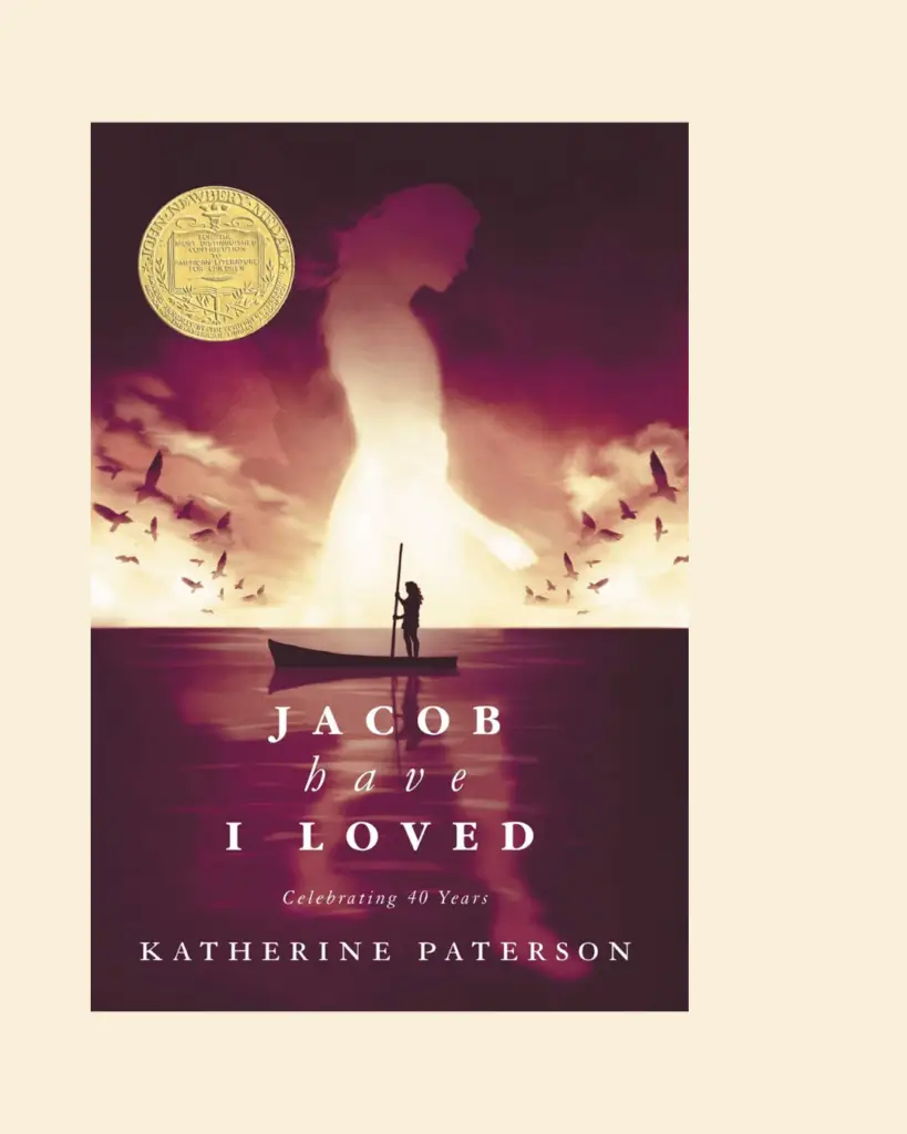 On the cover, a girl made of light strides across a view of a person in a canoe at sunset. Across the water is the title "Jacob have I loved" and the author Katherine Paterson