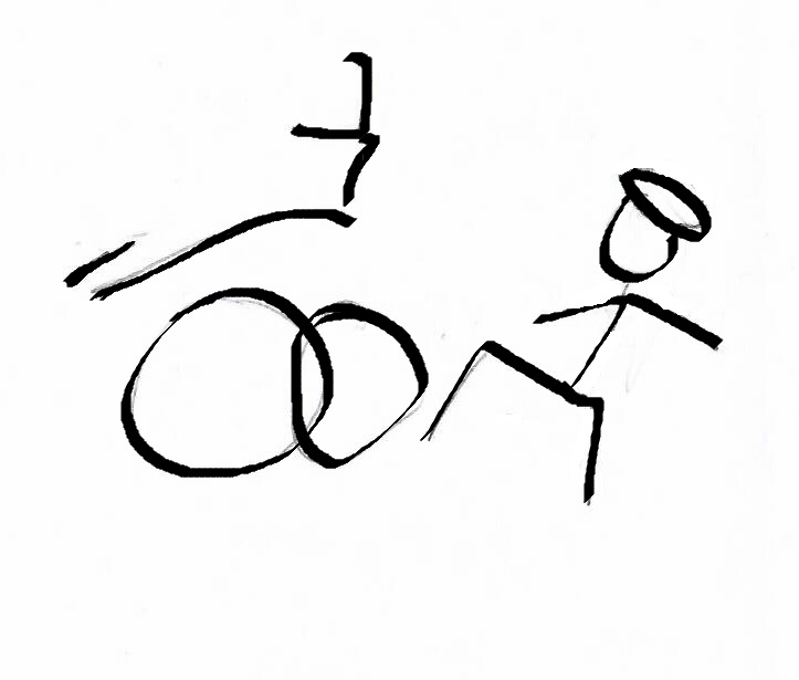 A stick figure lies prone next to a smashed stick bicycle