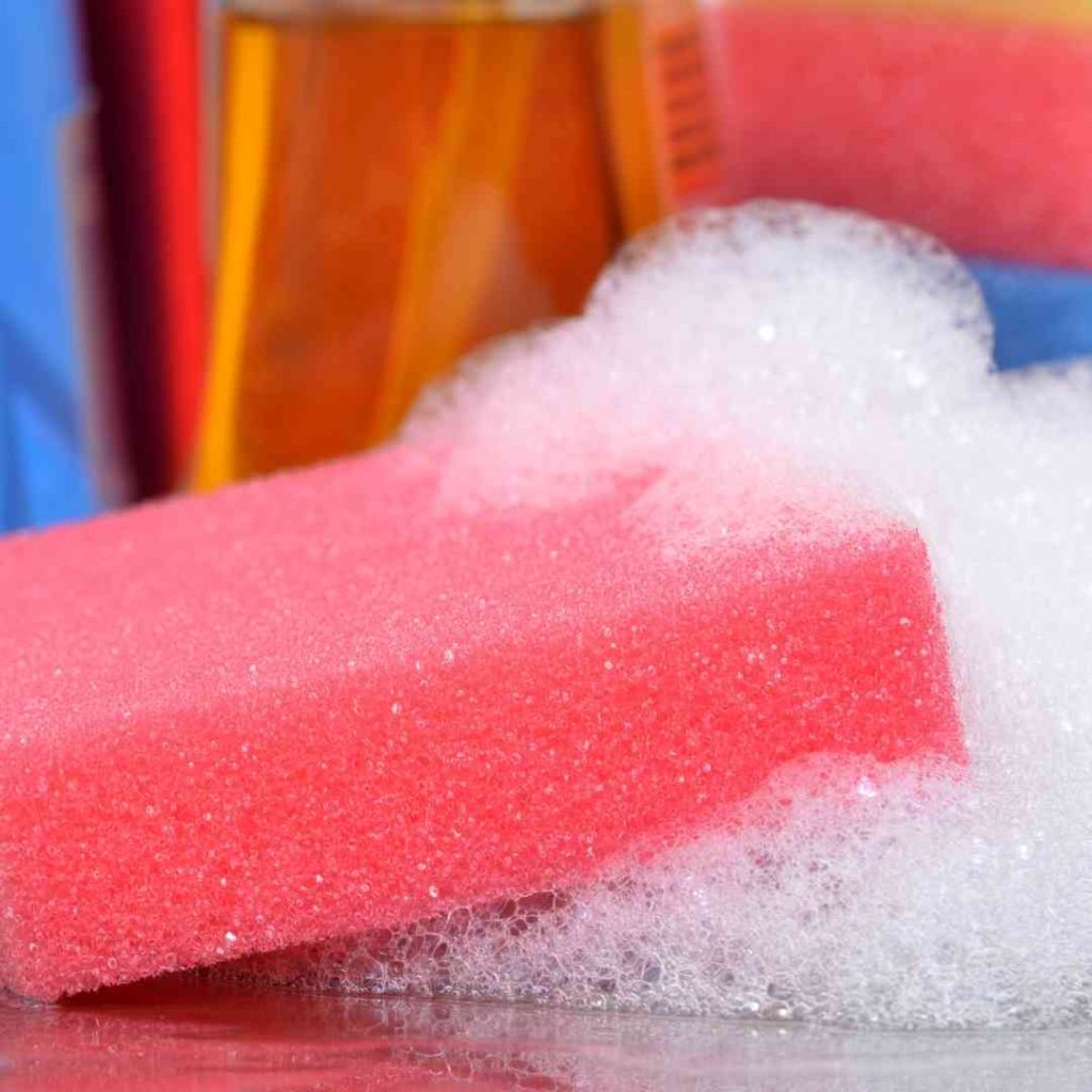 Here's a pink sponge, with lots of soap bubbles, like the ones Becca and I played with when doing the dishes.