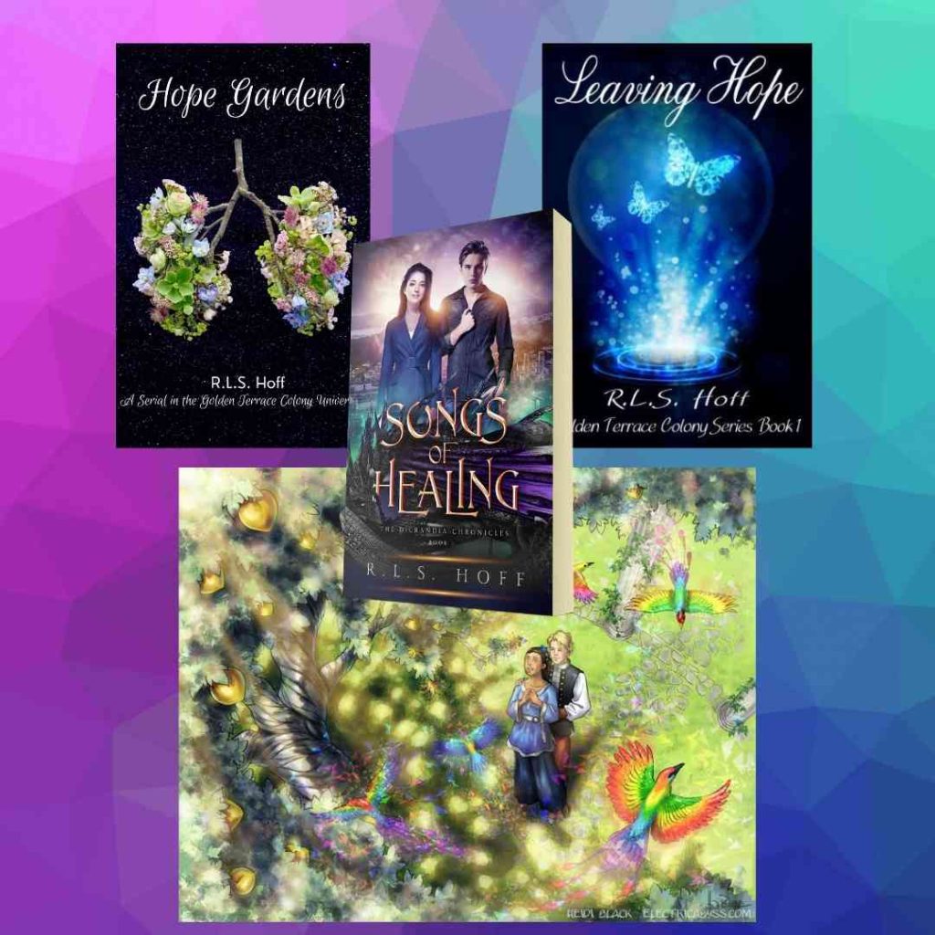 on a purple and blue background sits Hope Gardens, Songs of Healing, Leaving Hope, and "The Aersyla Tree," an illustration of a scene from Songs of Healing.