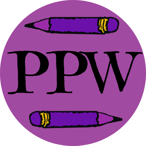 The initials PPW with purple pencils above and below.