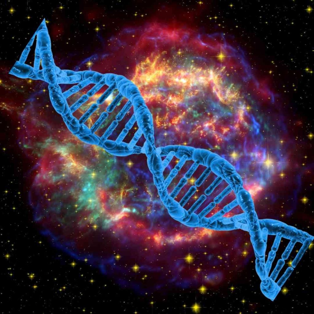 In illustration of my Psalm of Thankfulness, a giant blue strand of DNA crosses in front of colorful galaxies