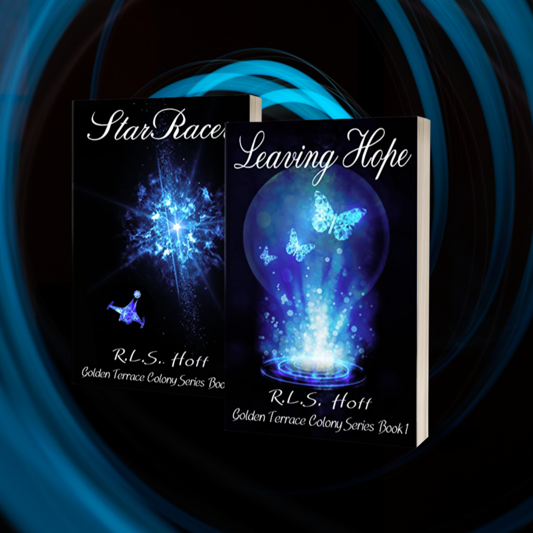 Two books hover over a black background with a blue vortex--StarRacer, and Leaving Hope. The latter is in front for this introduction to the Leaving Hope Read-Along