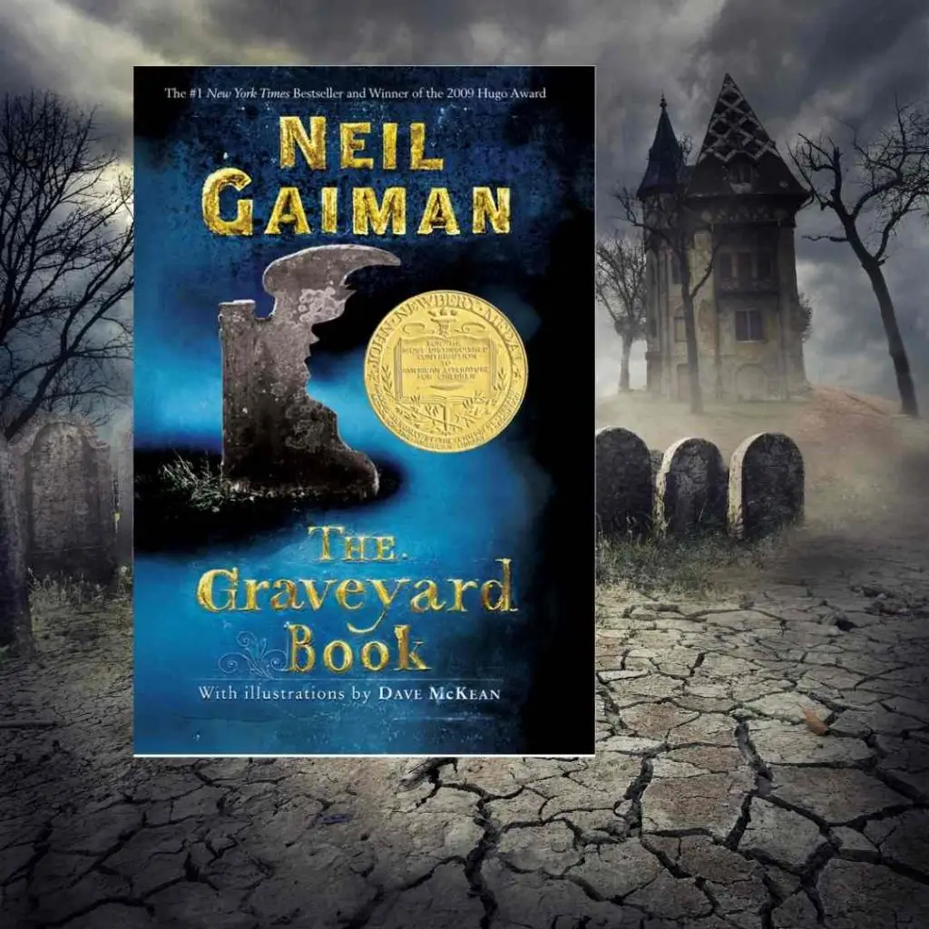 Neil Gaiman's The Graveyard Book hovers over a barren graveyard landscape.