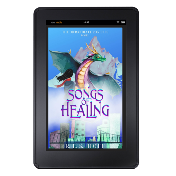 The 2022 cover of Songs of Healing--with illustrated girl and dragon--displays on a tablet