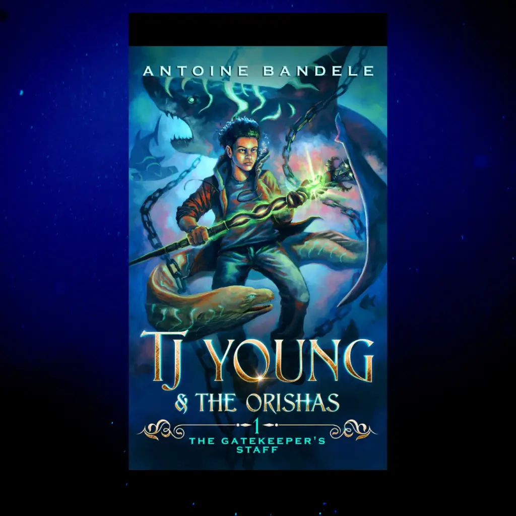 On the cover of TJ Young & the Orishas, A boy with a glowing spear floats deep under the sea. Giant eels swim around him.