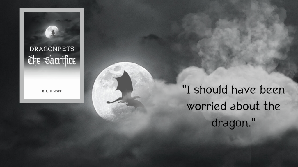 The cover of Dragonpets: The Sacrifice floats in a sky with a dragon flying over a cloud-shrouded moon. Atop the clouds run the words "I should have been worried about the dragon."
