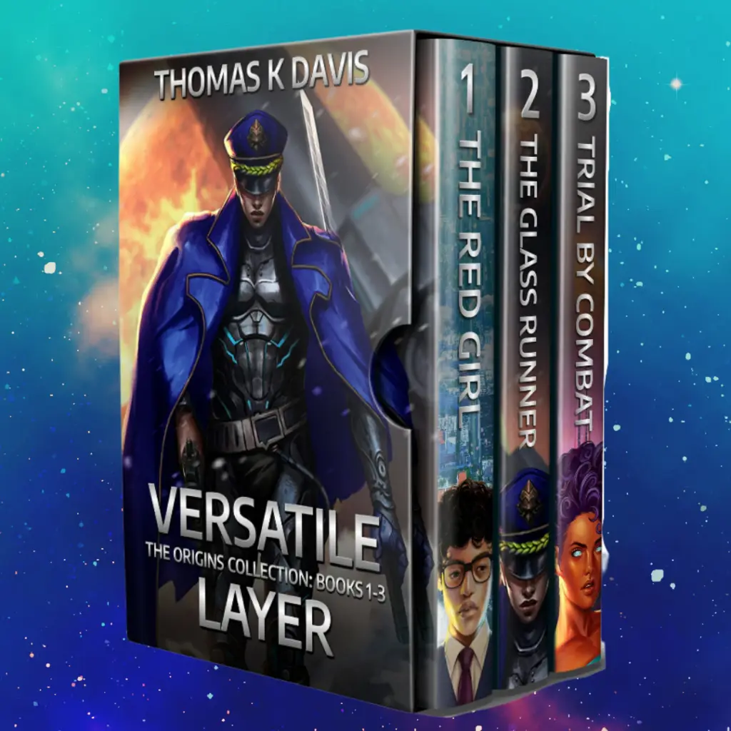 box set that shows three books in the Versatile Layer Series--The Red Girl, The Glass-Runner, and Trial by Combat.