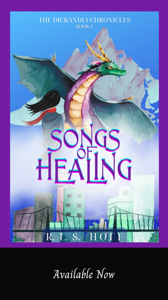 On a purple background, the cover of Songs of Healing--which shows a girl facing towards a dragon. In the background, behind mist, a mountain rises above, and a city sits below.