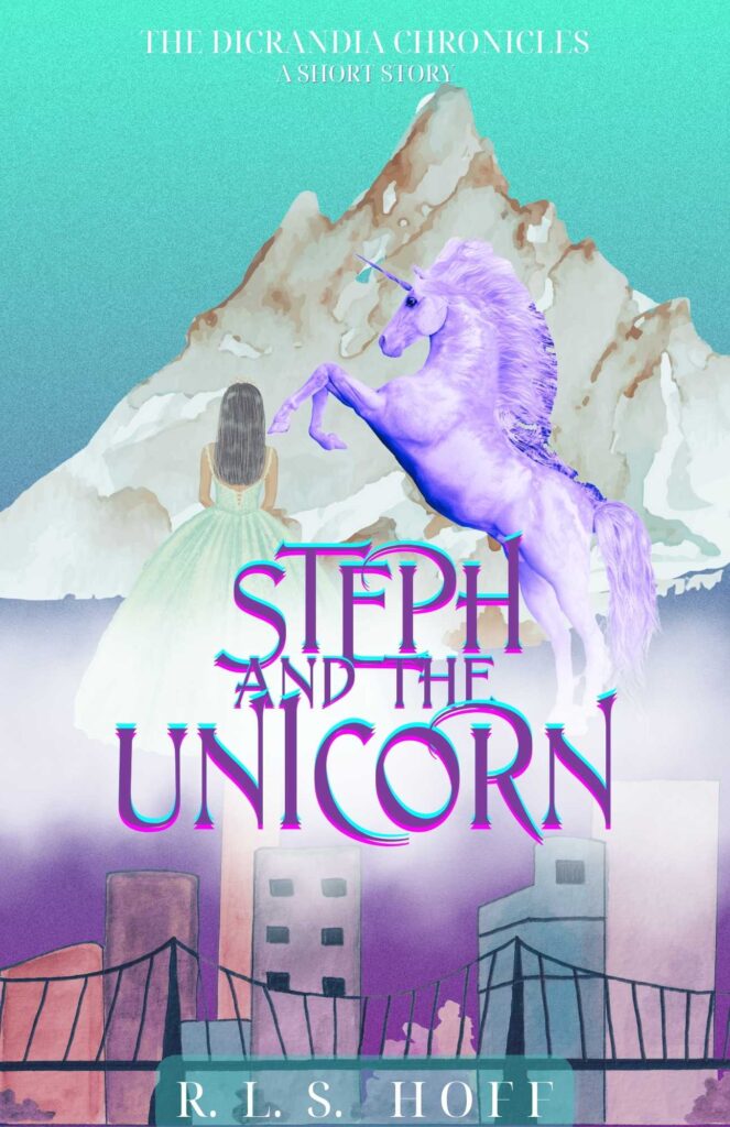 On the cover: A mountain forms the background of the top, a city borders the bottom. Behind the title and a cloudy mist, a girl in a ballgown faces away from the viewer and toward a lavender unicorn that is rearing.