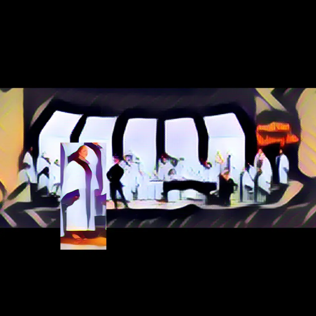 A stylized picture of a young woman in a white and purple choir robe sits above the picture of the choir from which it was taken