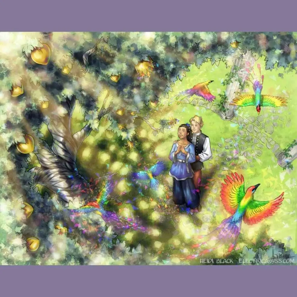 A young woman stands at the base of a tree with golden fruit that are birthing rainbow birds. A blond man stands behind her.