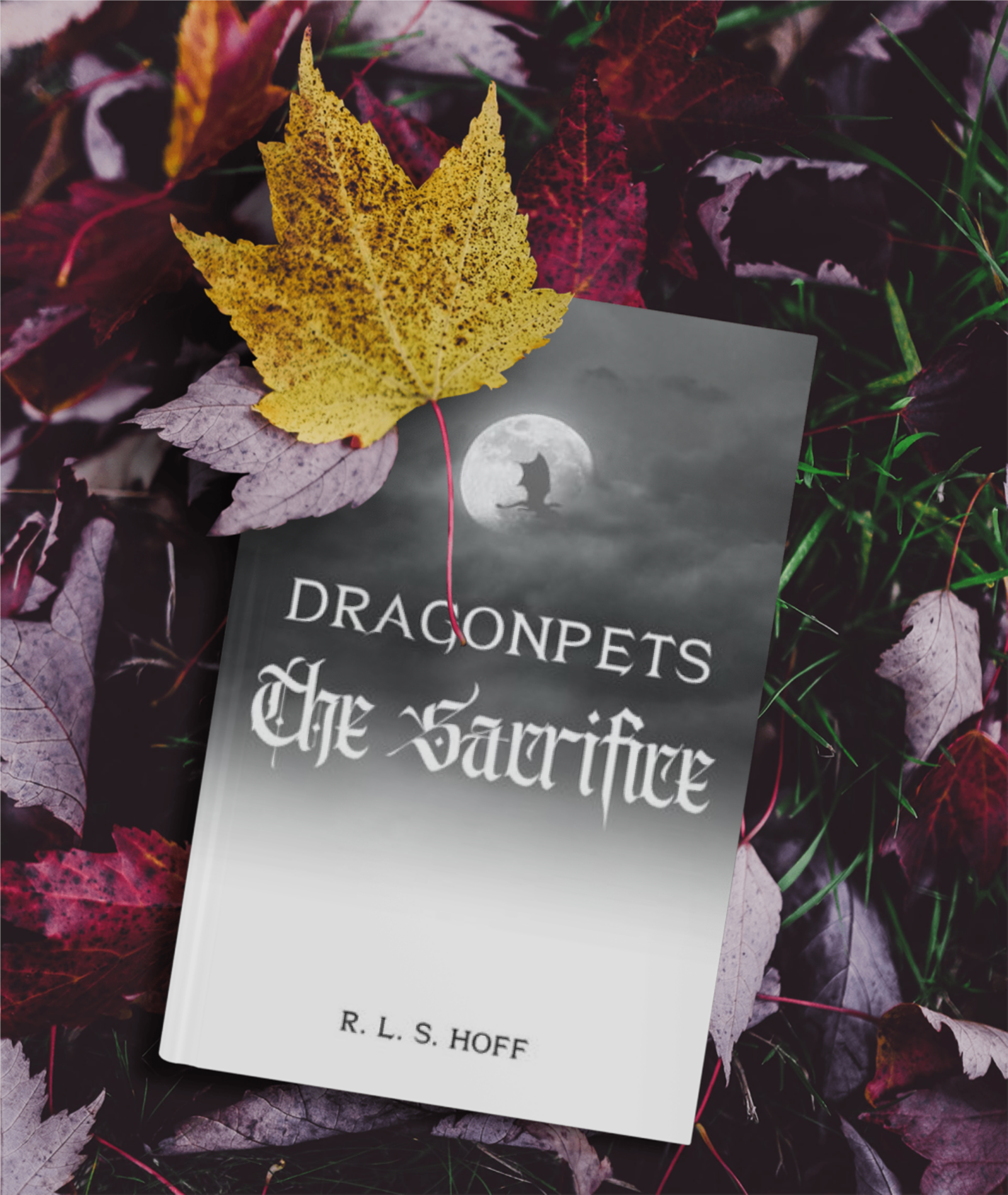 A paperback copy of DragonPets--The Sacrifice sits on a bed of autumn leaves.