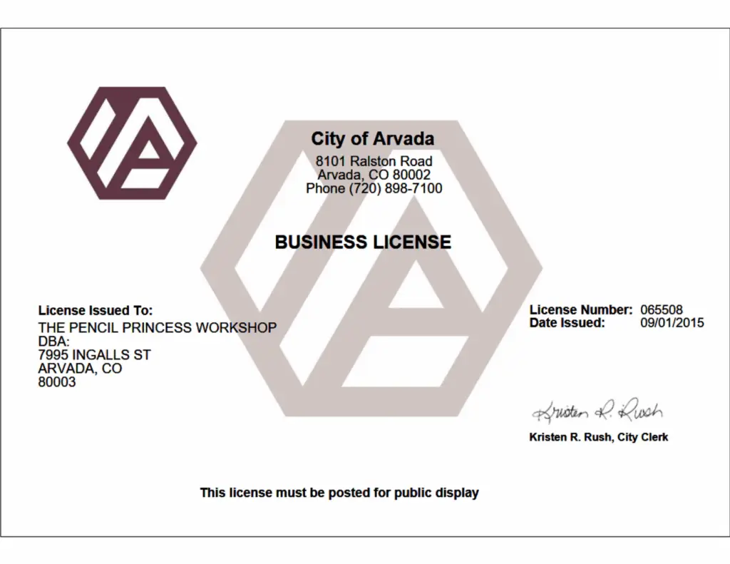 The Pencil Princess Workshop City of Arvada Business License