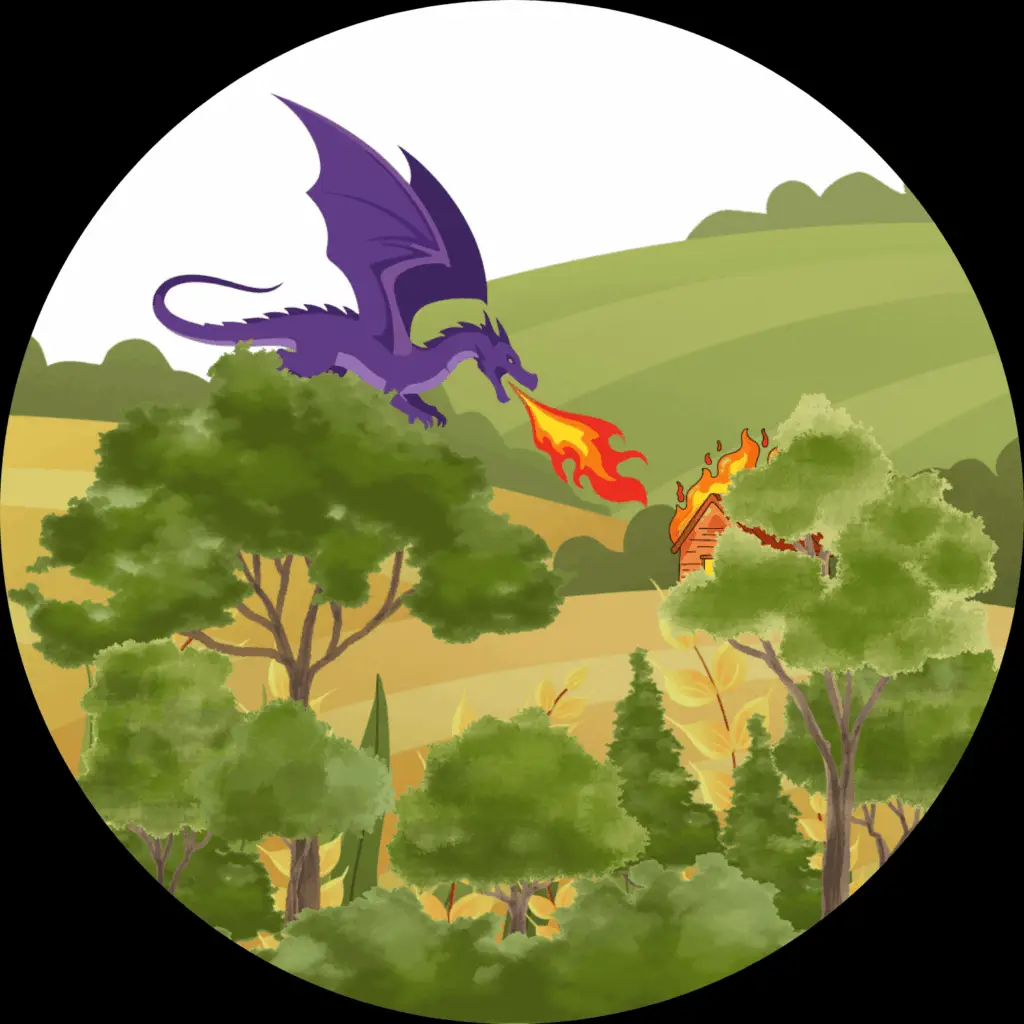 An illustration of When Dragons Came Chapter 1: A Legendary Monster. A purple dragon dives toward a farmhouse, spouting fire.