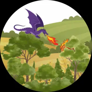 An illustration of When Dragons Came Chapter 1: A Legendary Monster. A purple dragon dives toward a farmhouse, spouting fire.