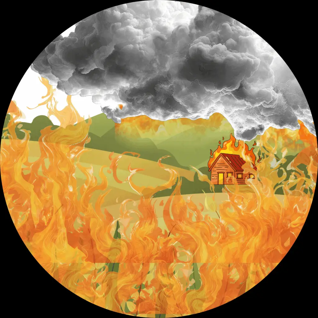 In this illustration of When Dragons Came Chapter 2: Calling a Storm, a storm cloud hovers over a farm in flames.