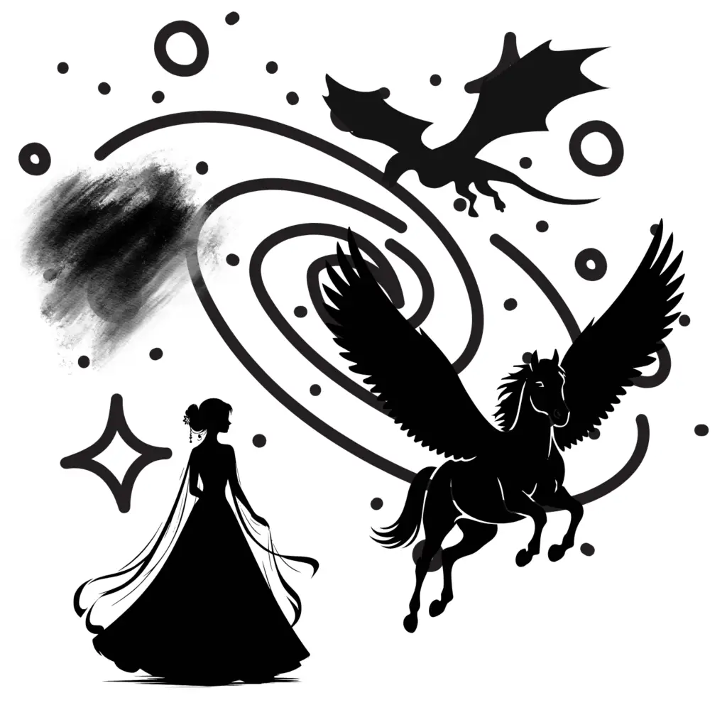 In this black and white illustration, a princess, a pegasus, a dragon, and a cloud creature are silhouetted against a stylized galaxy