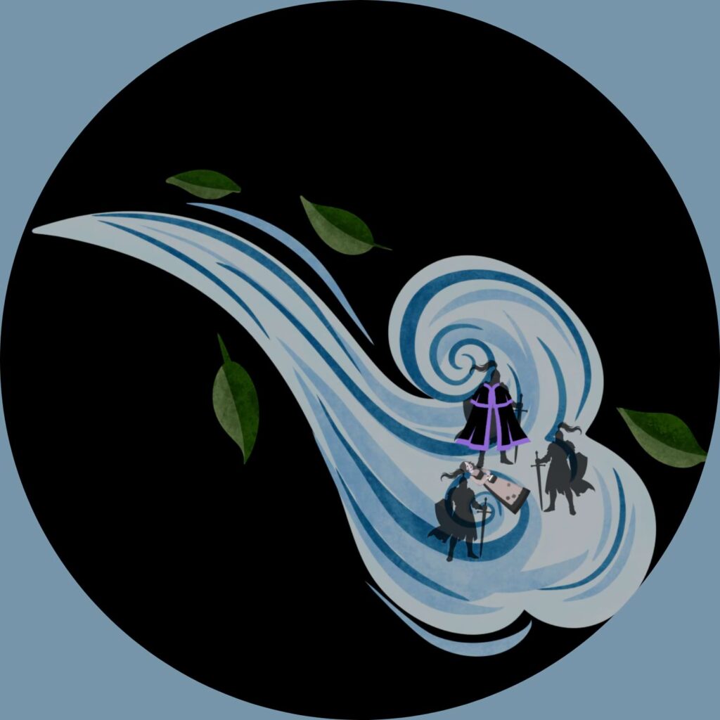 In this illustration of When Dragons Came Chapter 4: Whispers on the Wind, three knights, one in a purple cloak, are grouped around a prone woman--all inside a breath of wind.