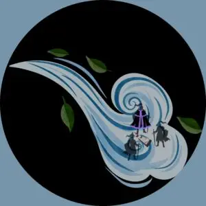 In this illustration of When Dragons Came Chapter 4: Whispers on the Wind, three knights, one in a purple cloak, are grouped around a prone woman--all inside a breath of wind.