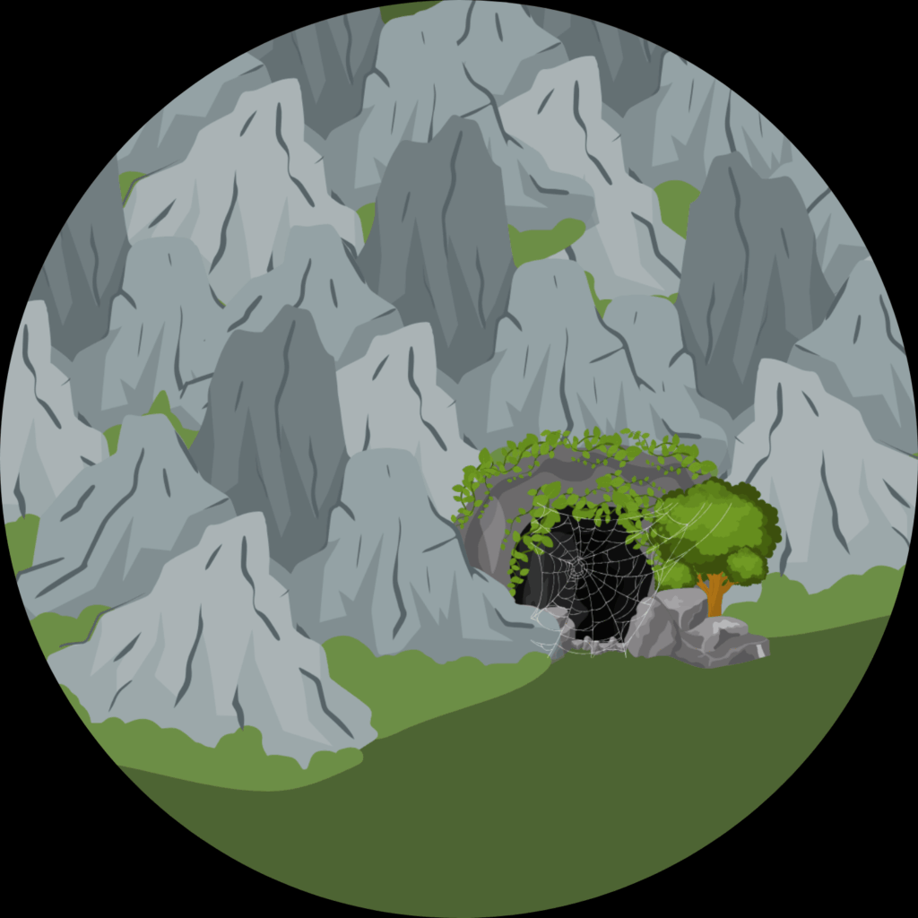 This illustration for When Dragons Came Chapter 5: Into the Dark features a cave set in a stony hillside, with a cobweb over its mouth