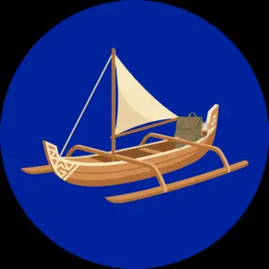 The illustration sticker for When Dragons Came Chapter 7: Finding the Way is a canoe-style boat with a sail that hold's Neli's pack in the stern.