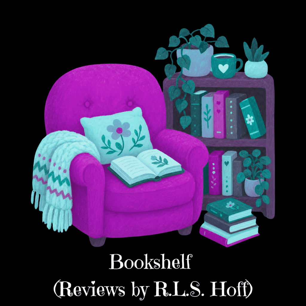 The Illustration for Bookshelf (Reviews by R.L.S.Hoff) shows a cozy chair with an afghan over one arm next to a bookshelf loaded to overflowing with books (and a couple of plants)