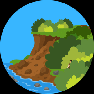The illustration for When Dragons Came Chapter 10: More Hiding features a bush-covered bluff next to a river, with the head and shoulders of a young woman peeking out from behind one of the bushes.