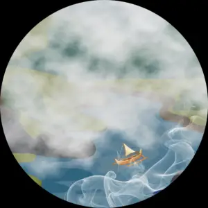 The illustration for When Dragons Came Chapter 9: Fog of Worry shows Neli's boat sailing down a wide river in a fog